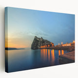 Side view of a large stretched canvas featuring a vibrant depiction of Naples, Italy, ideal for kitchen wall art.