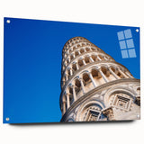 Side view of a large acrylic print featuring the Leaning Tower of Pisa in shades of gray.