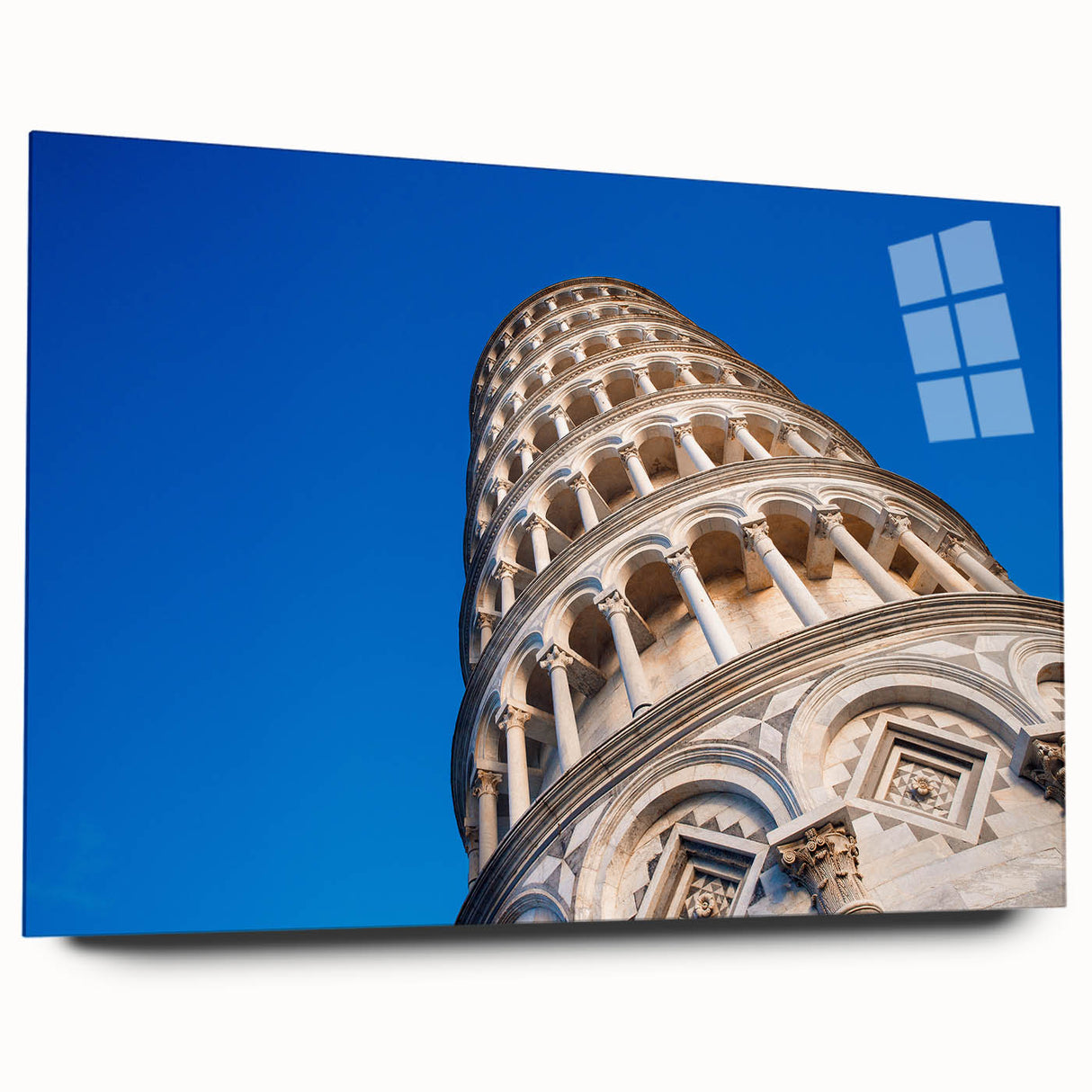 Acrylic print of the Leaning Tower of Pisa in soft sepia tones, suitable for bedroom or dining room decor.