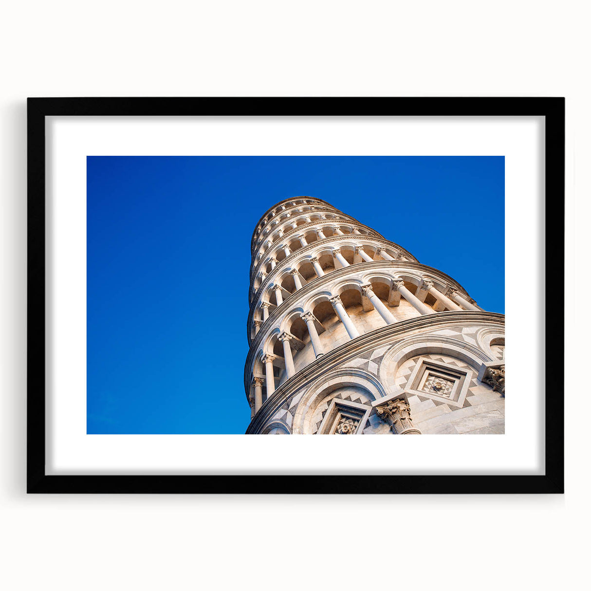 Extra large abstract print of colorful, textured depiction of Pisa, Italy, in a black frame, ideal for living room decor.