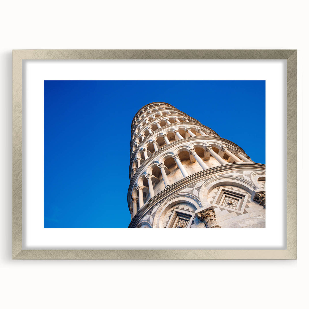 Extra large wall art featuring an abstract print of Pisa, Italy, in textured silver frame, ideal for living room decor.
