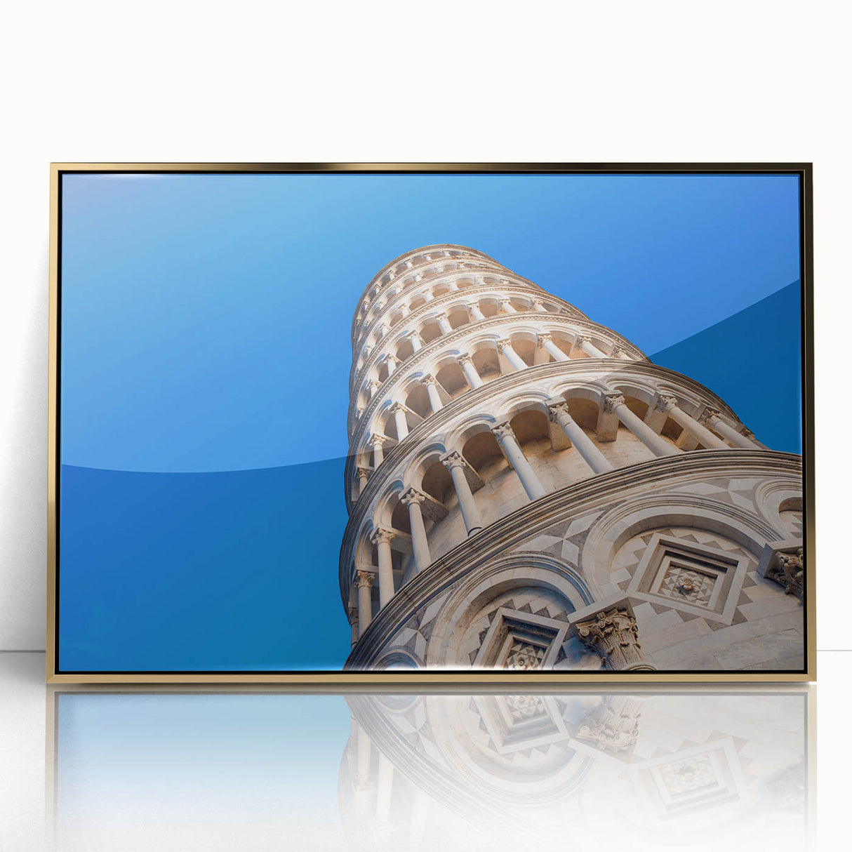 Art deco poster of the Leaning Tower of Pisa in muted gold and cream tones on acrylic, ideal for modern art wall decor.