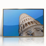 Art deco poster of the Leaning Tower of Pisa in muted gold and cream tones on acrylic, ideal for modern art wall decor.