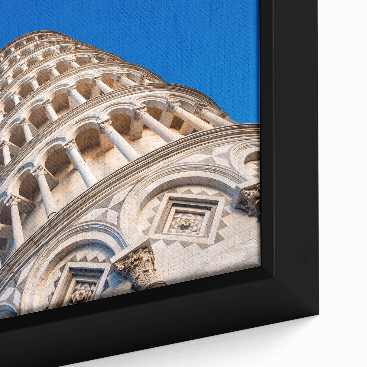 Extra large framed canvas featuring a textured depiction of the Leaning Tower of Pisa in black with colorful accents.