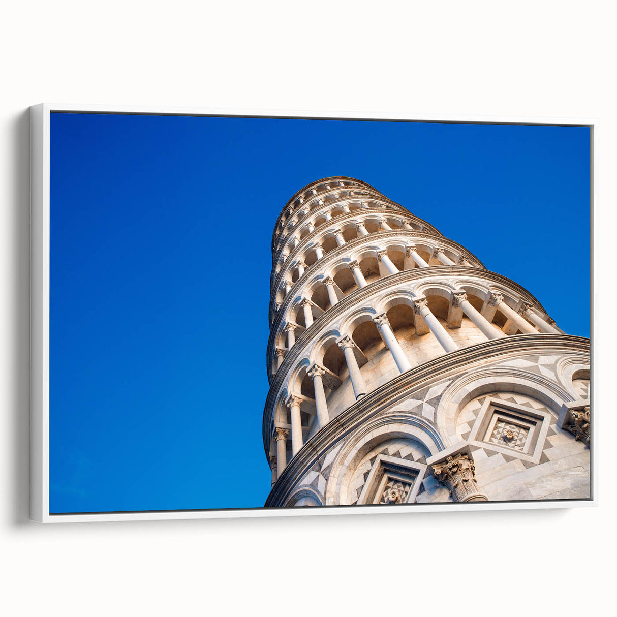 Vintage poster art of the Leaning Tower of Pisa in vibrant colors on a framed canvas, ideal for living room decor.