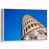Vintage poster art of the Leaning Tower of Pisa in vibrant colors on a framed canvas, ideal for living room decor.