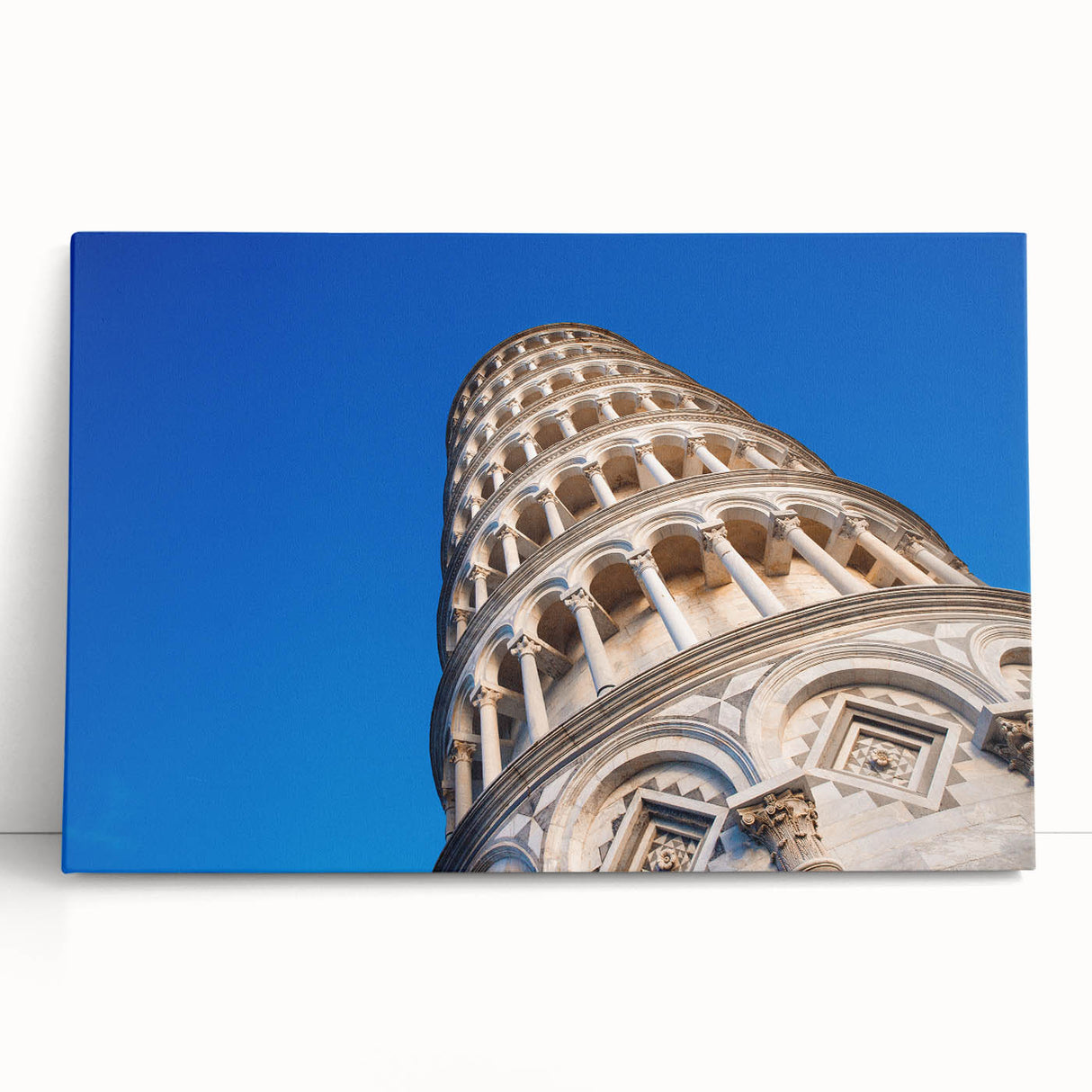 Black and white photo of the Leaning Tower of Pisa on stretched canvas, ideal for kitchen art.