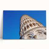 Black and white photo of the Leaning Tower of Pisa on stretched canvas, ideal for kitchen art.