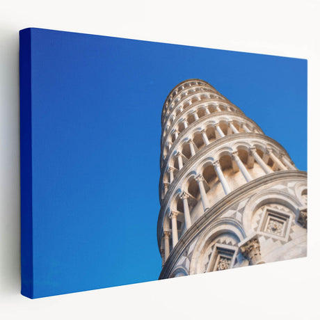 Side view of a stretched canvas featuring the Leaning Tower of Pisa in muted earth tones, ideal for kitchen wall art.