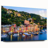 Acrylic print of Portofino, Italy with vivid blue and pastel seaside tones, ideal for bedroom or dining room art.