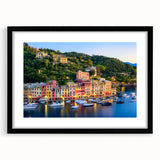Extra large abstract art print of Portofino, Italy, with vibrant colors and textured finish, framed in black.