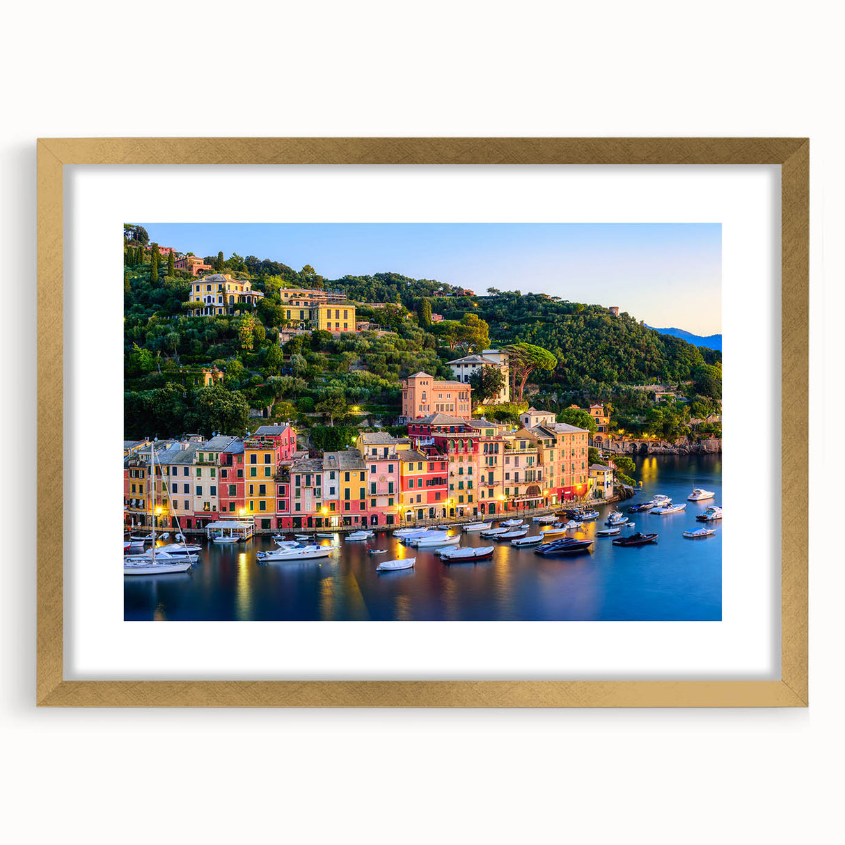 Abstract art print of Portofino, Italy, featuring muted watercolor shades on a framed gold mat, ideal for dining room decor.