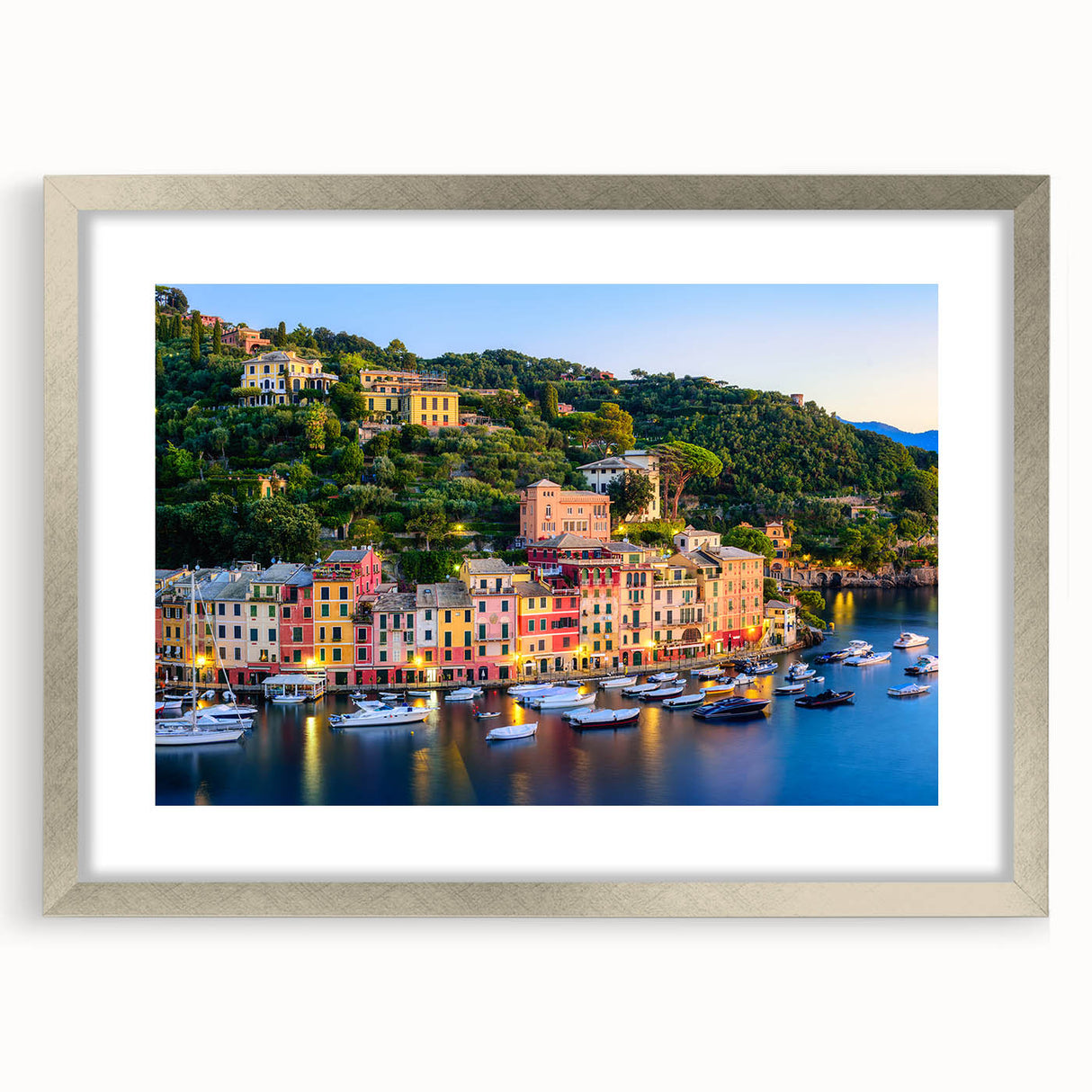 Extra large abstract art print of Portofino scenery in muted colors on a textured canvas, framed in silver.