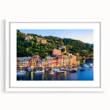 Textured art depicting a serene Portofino landscape in muted watercolor tones on a framed white mat, ideal for bedroom art.