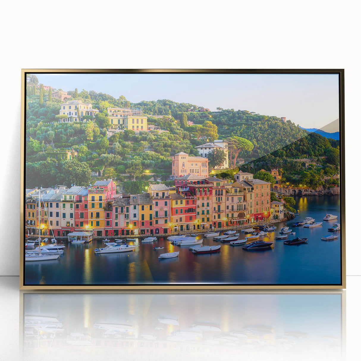 Art deco poster of Portofino, Italy, with vibrant coastal hues on a framed acrylic, ideal for modern art wall decor.
