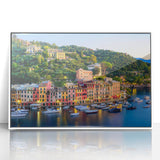 Mid-century modernist art depicting Portofino, Italy, in acrylic with vibrant hues, white frame.