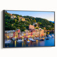 Black and white framed canvas depicting the Portofino landscape, ideal for bedroom wall decor.