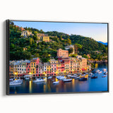 Black and white framed canvas depicting the Portofino landscape, ideal for bedroom wall decor.