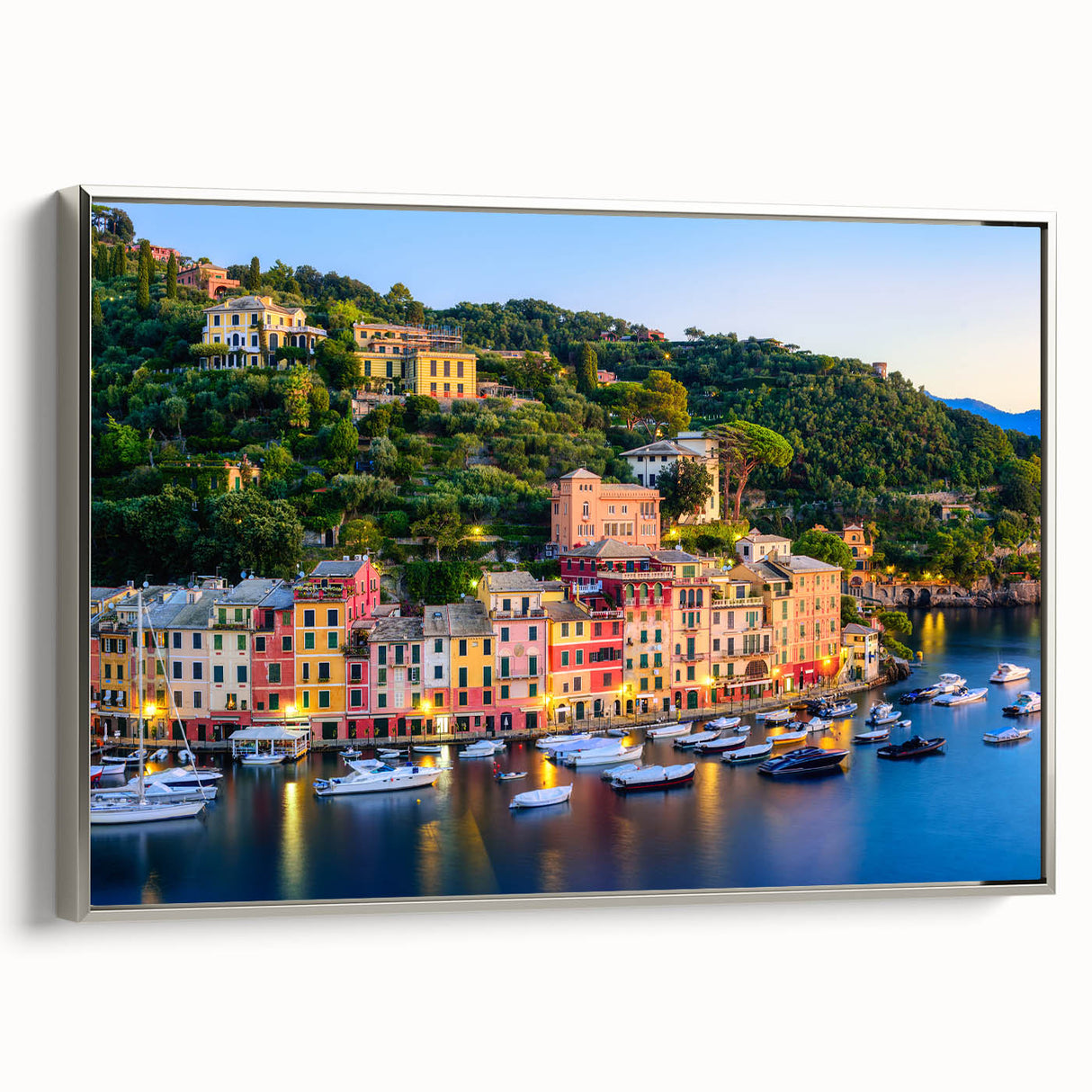 Framed canvas landscape art painting of Portofino, Italy, featuring colorful vintage houses and boats.