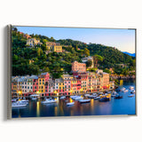 Framed canvas landscape art painting of Portofino, Italy, featuring colorful vintage houses and boats.