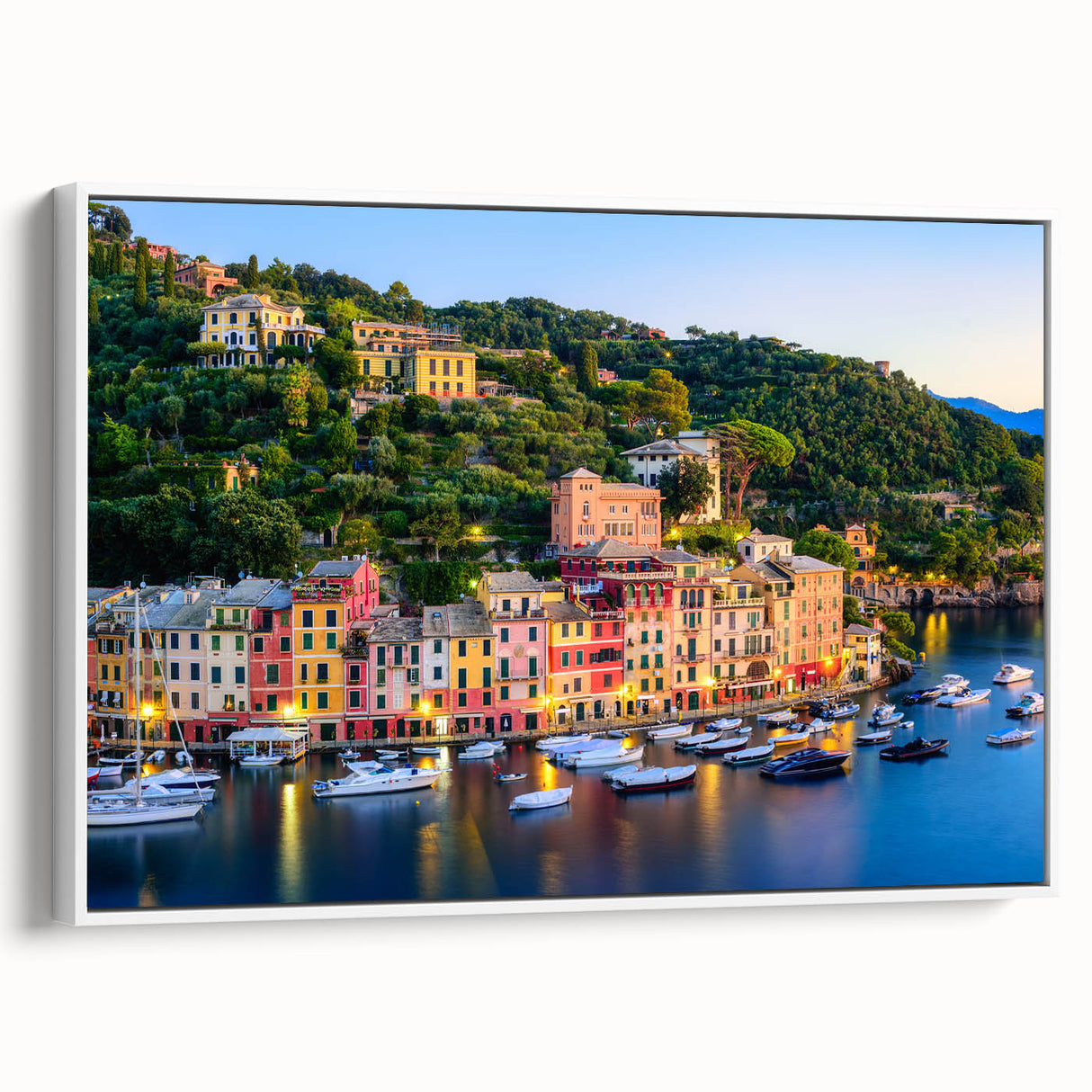 Vintage poster art of Portofino, Italy, featuring colorful buildings and boats on canvas, ideal for living room decor.