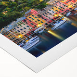 Art deco poster of Portofino, Italy, featuring vibrant coastal colors on rolled canvas, suitable for dining room decor.