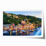 Rolled print depicting Portofino, Italy scenery with vibrant coastal colors, ideal for art wall dining room.