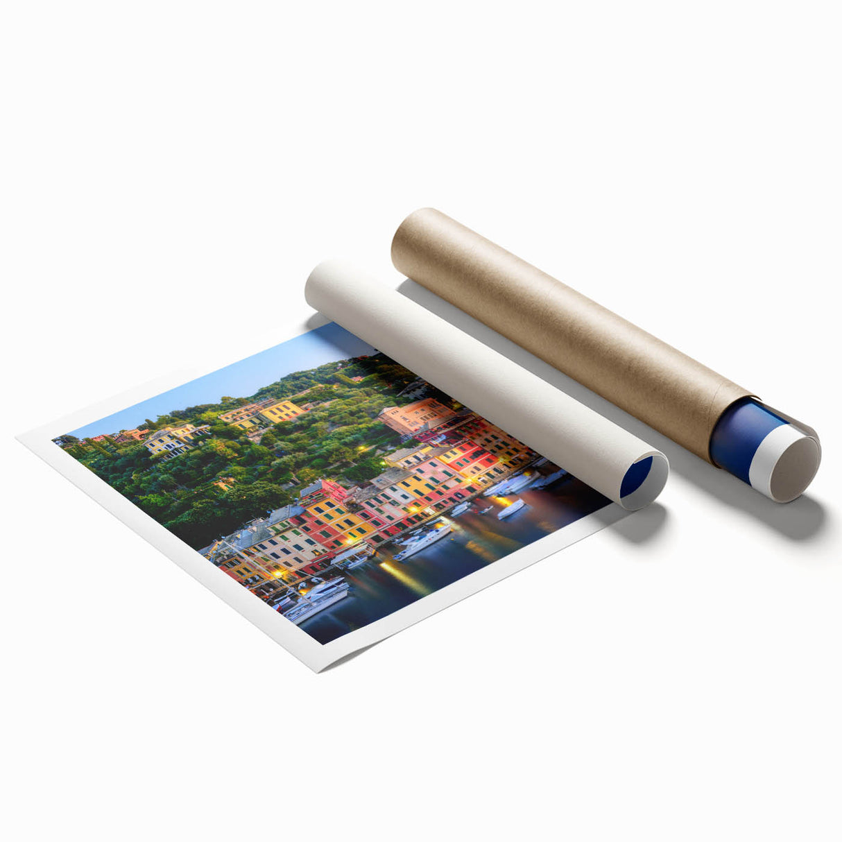Extra large rolled print of Portofino scenery with vibrant coastal colors, ideal for classy bathroom wall art.