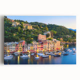 Black and white photo of Portofino, Italy on stretched canvas, featuring serene harbor views, ideal for kitchen wall art.