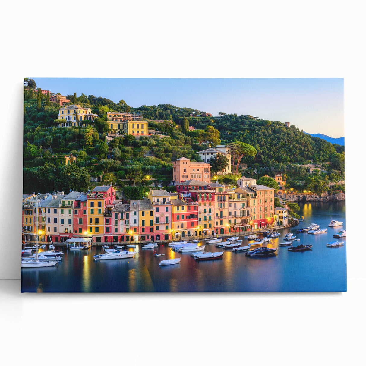 Black and white large art print of Portofino, Italy on stretched canvas, ideal for kitchen wall art.
