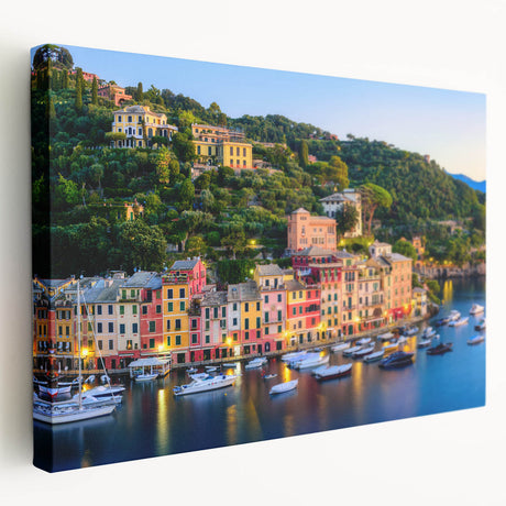 Landscape painting of Portofino, Italy on stretched canvas, featuring vivid blue and green tones, ideal for kitchen wall art.