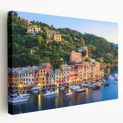 Landscape painting of Portofino, Italy on stretched canvas, featuring vivid blue and green tones, ideal for kitchen wall art.