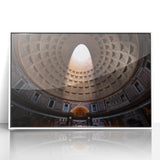 Mid-century modernist art depicting the Rome skyline in muted earth tones on a white acrylic framed print.