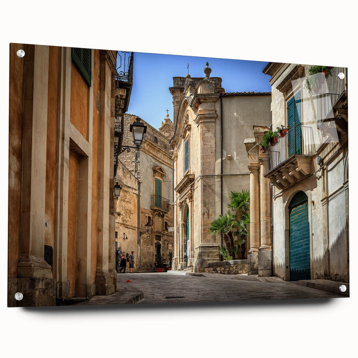 Acrylic print of a Sicilian landscape in muted earth tones, ideal for dining room decor.