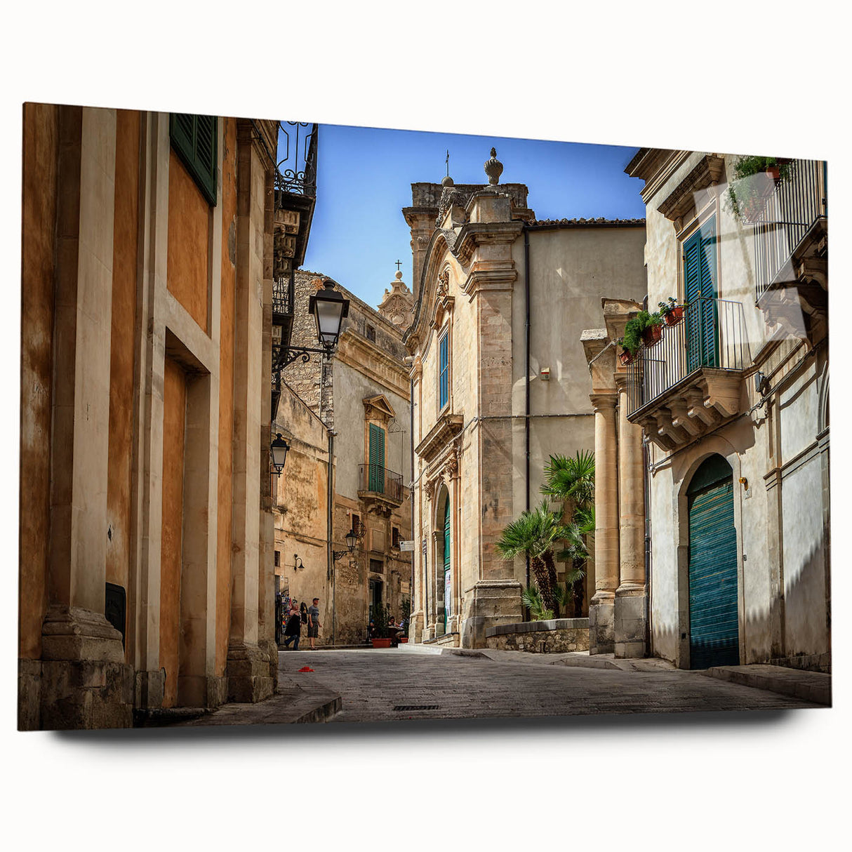 Large abstract depiction of a Sicilian landscape on acrylic glass, featuring earthy and blue tones.