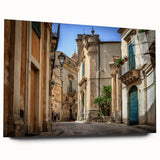 Large abstract depiction of a Sicilian landscape on acrylic glass, featuring earthy and blue tones.