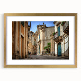 Abstract art print depicting a Sicilian landscape in muted earth tones on framed canvas, suitable for dining room decor.