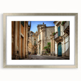 Extra large abstract art print of a Sicilian landscape in textured silver frame, suitable for living room decor.