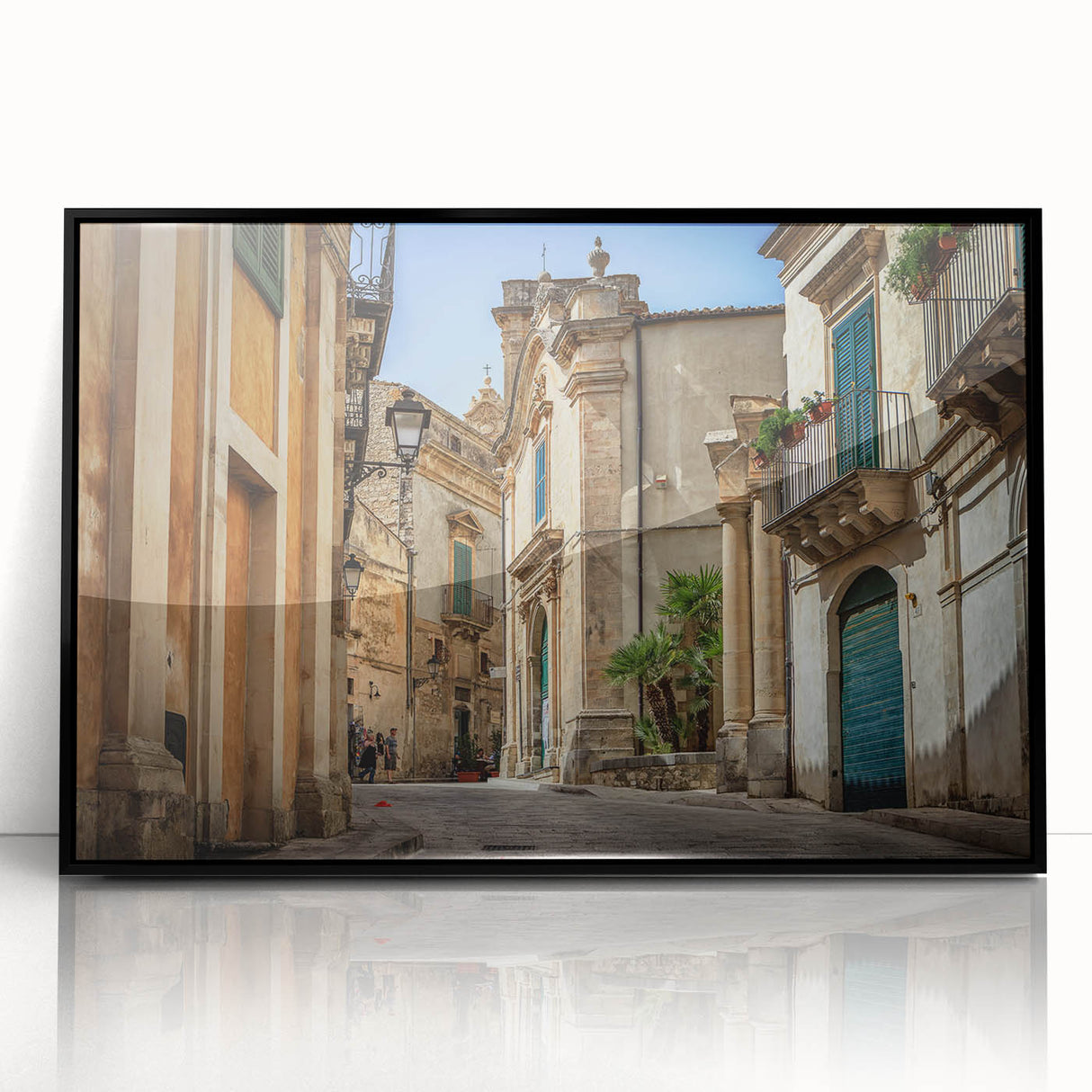 Large abstract wall art depicting a Sicilian landscape in muted earth tones, framed in black acrylic.