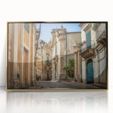 Framed acrylic print of a Sicilian landscape in art deco style, with muted earth tones, ideal for modern art wall decor.