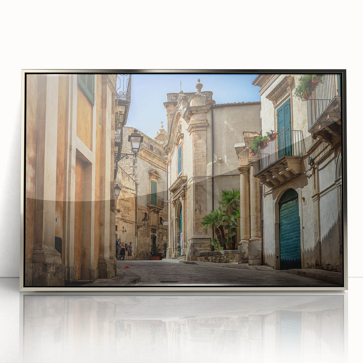 Mid-century modernist acrylic print of a Sicilian landscape, featuring muted earth tones, ideal for modern art wall decor.