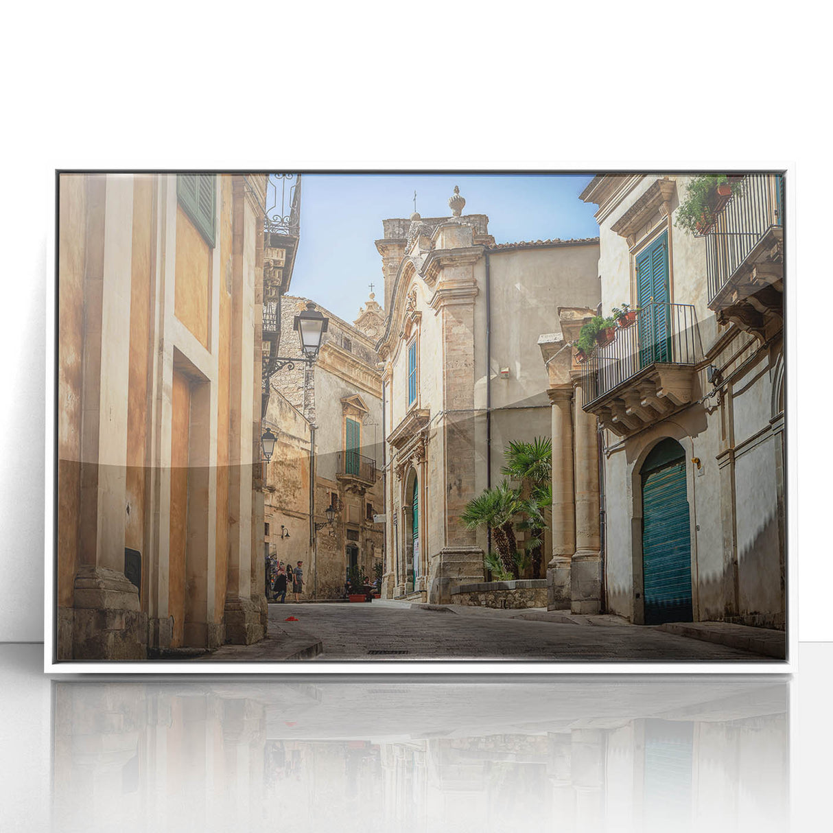 Acrylic print of a Sicilian landscape in mid-century modernist style with muted earth tones, ideal for nursery wall art.