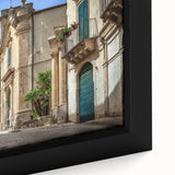 Extra large framed canvas depicting a textured Sicilian landscape in black with colorful accents.