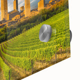 Large abstract acrylic print of Tuscany landscape in muted earth tones, ideal for dining room art.