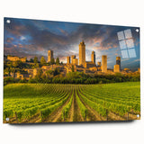 Acrylic print of a Tuscan landscape in earthy tones, ideal for dining room decor.