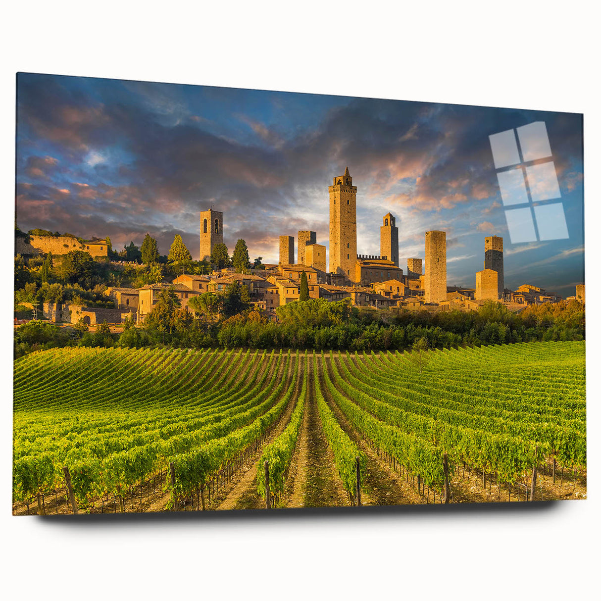 Large abstract wall art of Tuscany landscape on acrylic glass, featuring earthy tones.