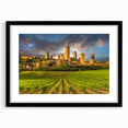 Extra large abstract art print of a colorful Tuscan landscape, textured on a black framed canvas.