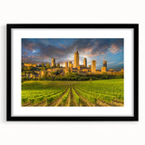 Extra large abstract art print of a colorful Tuscan landscape, textured on a black framed canvas.