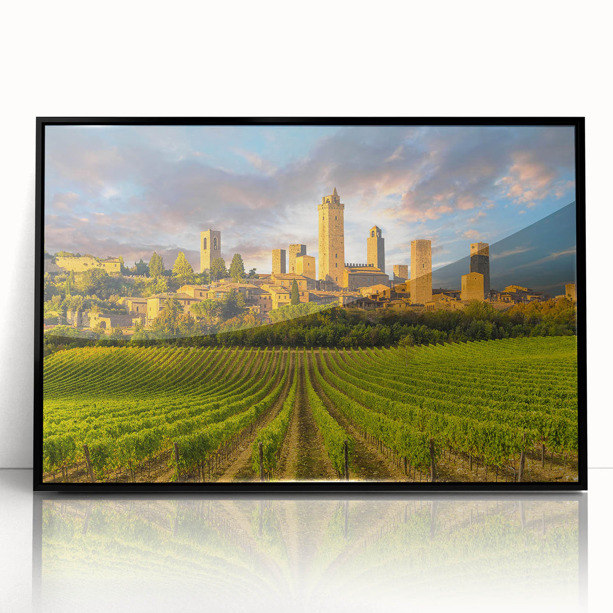 Large abstract wall art depicting a Tuscan landscape in muted earth tones on a black framed acrylic.
