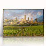 Art deco poster of Tuscany landscape in muted gold and green tones on framed acrylic, suitable for modern art wall decor.